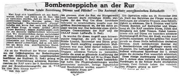 Die Grafik zeigt einen Zeitungsbericht der Aachener Nachrichten vom 17.11.1948 über Dürens schwärzesten Tag.