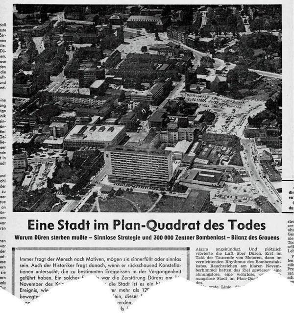 Die Grafik zeigt einen Zeitungsbericht der Dürener Zeitung vom 14.11.1964 über Dürens schwärzesten Tag.